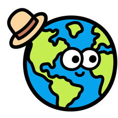 Cute cartoon illustration of planet Earth wearing a hat, a whimsical and educational design for global themes and environmental concepts.