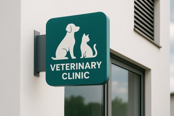 Veterinary clinic signage displaying shadowy cat and dog silhouettes, communicating professional animal healthcare services with clean, welcoming graphic design