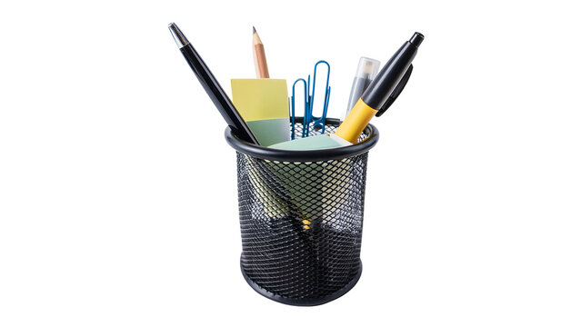 Office pen and clip holder on transparent background