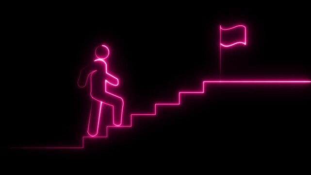 Man and stairs icon sign icon animation on Glowing neon business graph chart concept . Business concept growth and the path to success and earning, Neon man icon. Man and stairs icon sign icon