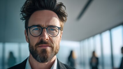 Fototapeta premium A confident man with glasses and a beard stands in a modern office with large windows and blurred colleagues in the background