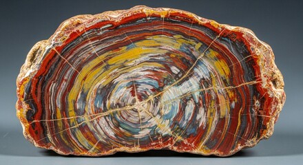 Stunning petrified wood slice showcasing vibrant colors and intricate patterns for design and geological collections