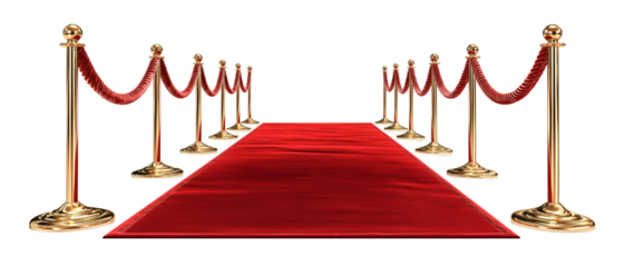 Red carpet and golden stars arranged on a white background, with a red rope featuring gold emblems on each side. The ropes should be in front of the viewer, without any people or other objects.