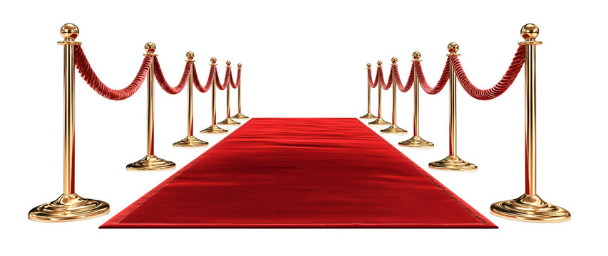 Red carpet and golden stars arranged on a white background, with a red rope featuring gold emblems on each side. The ropes should be in front of the viewer, without any people or other objects.