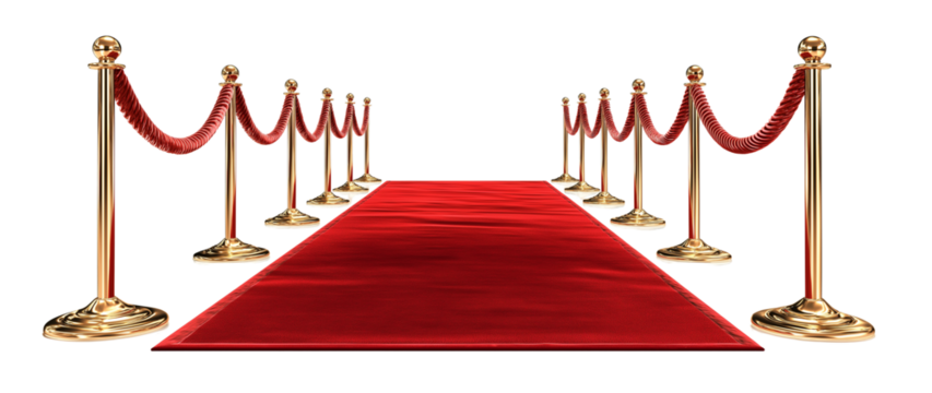 Red carpet and golden stars arranged on a white background, with a red rope featuring gold emblems on each side. The ropes should be in front of the viewer, without any people or other objects.