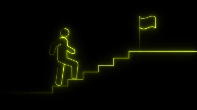 Man and stairs icon sign icon animation on Glowing neon business graph chart concept . Business concept growth and the path to success and earning, Neon man icon. Man and stairs icon sign icon