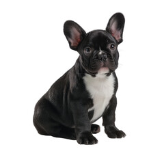 A cute black French Bulldog puppy sitting on a white background, showcasing its playful expression and adorable features, making it a perfect subject for pet lovers.