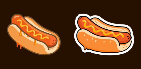 A duo of cartoon hot dogs in buns with mustard, one with an outline and one without, on a dark brown background, depicting classic fast food.