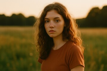 Woman with flowing curly brown hair standing confidently in golden sunset field, wearing minimalist brown t shirt, embodying quiet strength