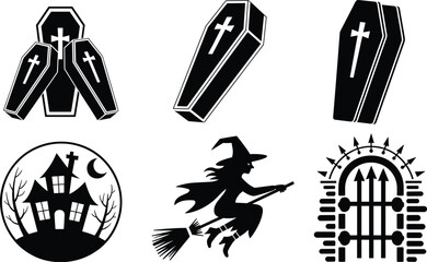 Halloween coffin icons, haunted house silhouette, flying witch, spooky gate, black and white horror vector set, eerie clipart for scary themes