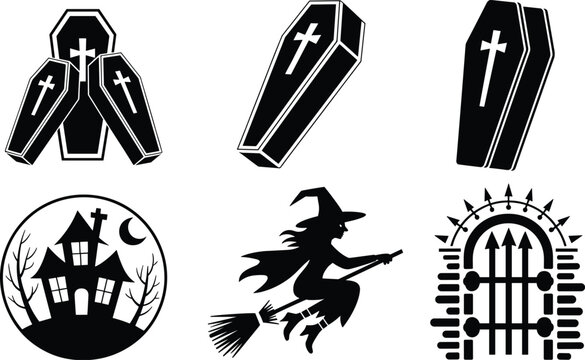 Halloween coffin icons, haunted house silhouette, flying witch, spooky gate, black and white horror vector set, eerie clipart for scary themes