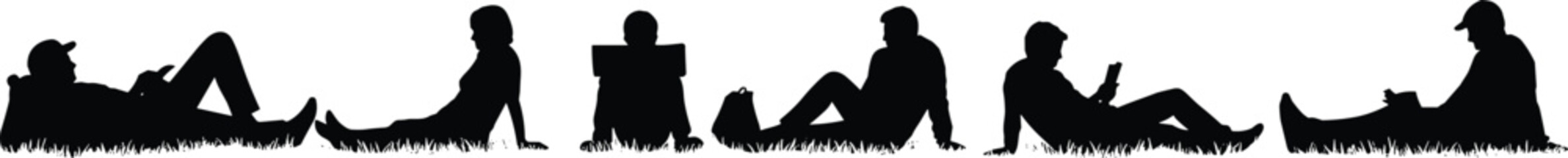 People relaxing outdoors on grass, using devices, leisure time, enjoying nature, sitting on grass, outdoor activity, casual  relaxing outdoors on grass, using devices, leisure time