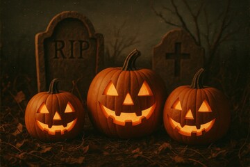 Glowing jack o' lanterns casting eerie shadows across moonlit cemetery, highlighting carved faces against weathered tombstones at night
