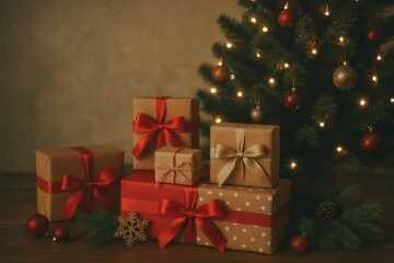 Christmas presents wrapped in rustic kraft paper, adorned with crimson ribbons, nestled beneath illuminated pine tree, radiating warm holiday spirit