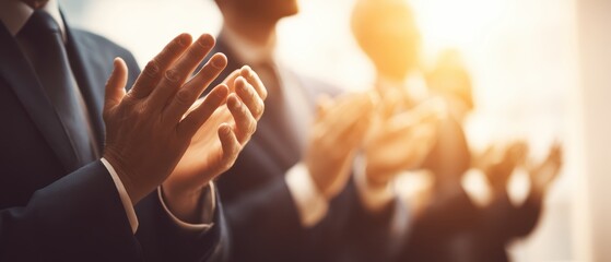 Business professionals in suits clapping in unison at a corporate event, with warm sunlight illuminating the scene