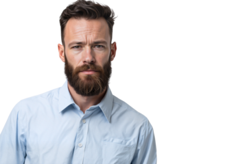 Close-up portrait of a serious man with a beard, frowning, and looking directly at the camera, isolated on white background
