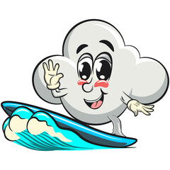 cute cloud cartoon mascot character vector illustration surfing riding the wave, work of hand drawn