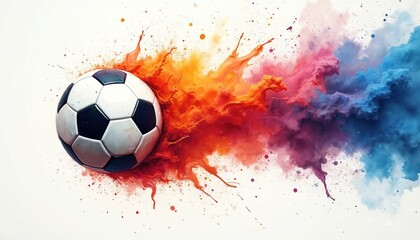Naklejka premium Energetic soccer ball burst with vibrant paint splashes. Dynamic motion, colorful ink clouds in red, orange, pink, blue. Abstract art for sports, creativity, and celebration themes.