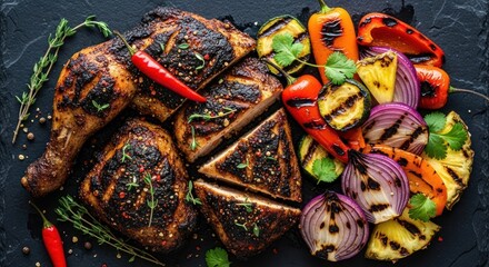 Grilled chicken & vegetables, dark background, vibrant colors, appetizing