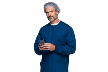 Professional male surgeon in scrubs, holding a smartphone with a confident expression, isolated on transparent background