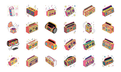 Colorful Retro and Modern Technology Gadgets Vector Icons – Vintage Camera, Computer, Cassette, Gaming Console, Smartwatch, Headphones, Smartphone, Speaker, VR, Router, and Multimedia Devices on Whit