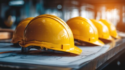 Yellow construction helmets are lined up on a table with blueprints in a well-lit workspace