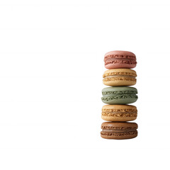 A delightful stack of colorful macaron cookies, showcasing various pastel shades. Each macaron is uniquely flavored, adding a touch of elegance and sweetness to any dessert table.