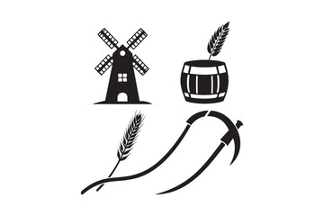 Vintage farm icons windmill barrel wheat and scythe