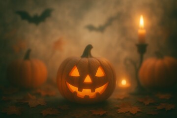 Fototapeta premium Spooky halloween pumpkin glowing in the fog, with bats flying in the background and candles providing a warm, eerie light, creating a mysterious and festive atmosphere