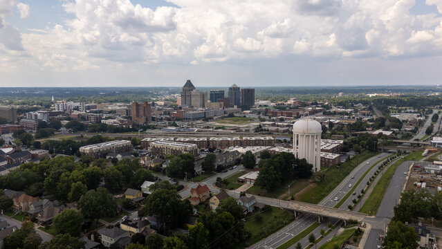 Aerial View of Greensboro NC skyline looking North West