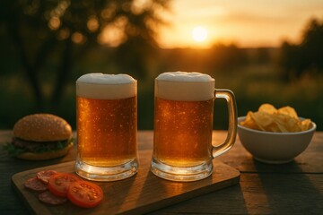 Beer mugs resting on rustic wooden surface near juicy burger, crispy chips, sliced tomato, and salami, capturing golden sunset dining moment