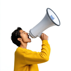 Person in yellow sweater holding megaphone, symbolizing sharing ideas loudly and confidently against white background. image conveys communication and expression