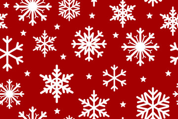 Snowflake and stars seamless pattern on red background 