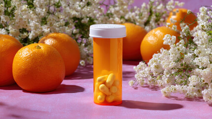 Vibrant scene with pill bottle containing yellow capsules surrounded by fresh oranges and delicate white flowers on pink surface, creating lively and fresh atmosphere