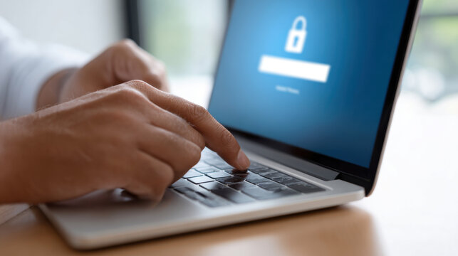 Person typing on laptop with login screen displayed, featuring lock icon, suggests focus on cybersecurity and online privacy. image conveys sense of caution and security awareness