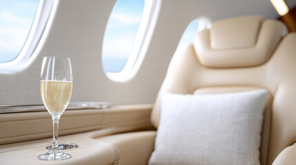 Luxurious private jet interior with soft lighting, featuring comfortable leather seat and glass of champagne on side table, evoking sense of elegance and exclusivity