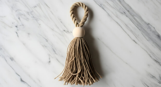 Jute tassel with wooden bead on marble surface rope