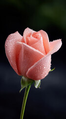 Delicate pink rose covered in rain droplets stands against dark background, creating dramatic and serene atmosphere. close up highlights texture and freshness of petals