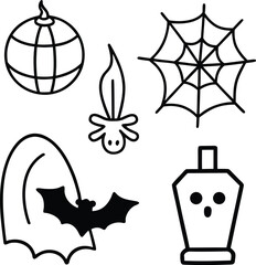 Spooky Halloween Icons: Ghost, Bat, Spider, Tombstone, Pumpkin, and Spiderweb