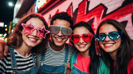 Group of happy friends wearing fun colorful novelty glasses posing and laughing together at night party outdoors. - Powered by Adobe