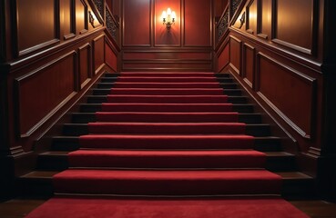 Fototapeta premium Luxurious interior staircase featuring plush red carpet runner ascending between dark wood paneled walls. Ornate balustrade, classic wall lamps illuminate elegant design, creating sophisticated