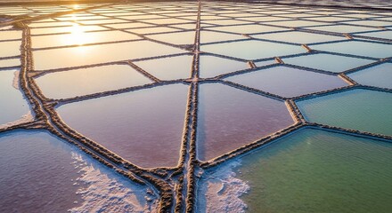 Vibrant sunset illuminates stunning geometric salt flats, creating a dreamlike natural landscape