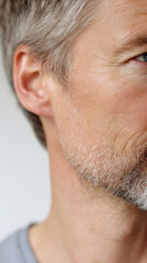 Obraz premium Close up side angle of mature man face shows detailed skin texture and soft gray hair, conveying sense of wisdom and experience