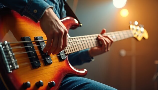 Musician plays bass guitar, focusing on fingers moving along strings, fretboard. Close-up view highlights instrument vibrant sunburst finish, player skilled technique, creating captivating musical