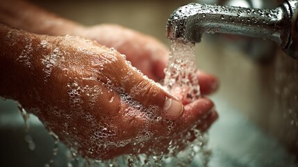 Fototapeta premium Hands cupped, receiving fresh water from a silver faucet, droplets splashing