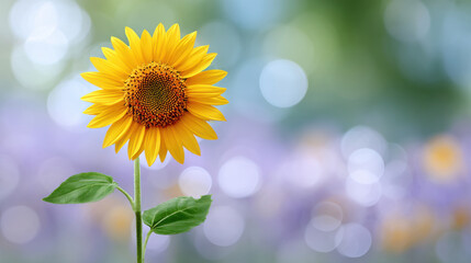 Obraz premium Vibrant sunflower stands against soft focus background with bokeh, creating serene and cheerful atmosphere. bright yellow petals contrast beautifully with blurred green and purple hues