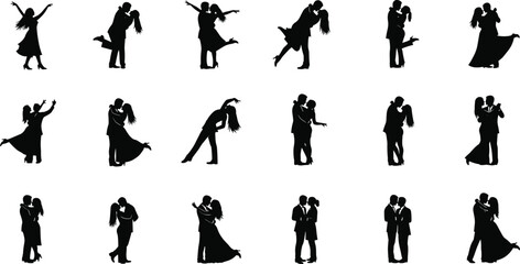 PrintSilhouettes of dancing couples in various elegant poses, showing romantic movement, performance, and expressive dance vector illustration for artistic content