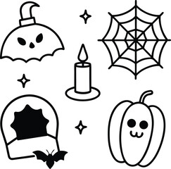 Spooky Halloween Icons: Pumpkin, Candle, Spiderweb, Tombstone, Bat, and Stars