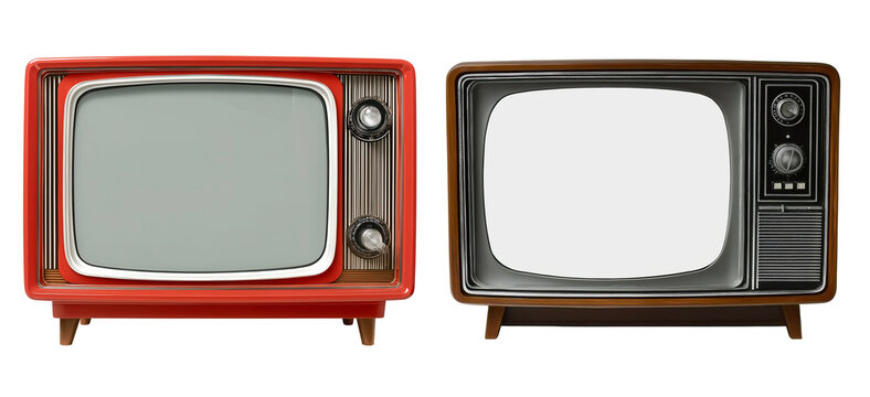 Vintage television set with a white screen on an isolated background. Retro television with a blank display for advertising or promotional content. Retro design element in a clip art style.
