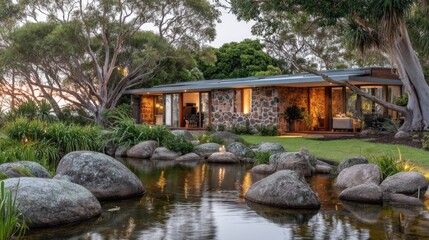 Obraz premium Modern stone house nestled in lush greenery, with large windows overlooking a tranquil pond surrounded by rocks and mature trees